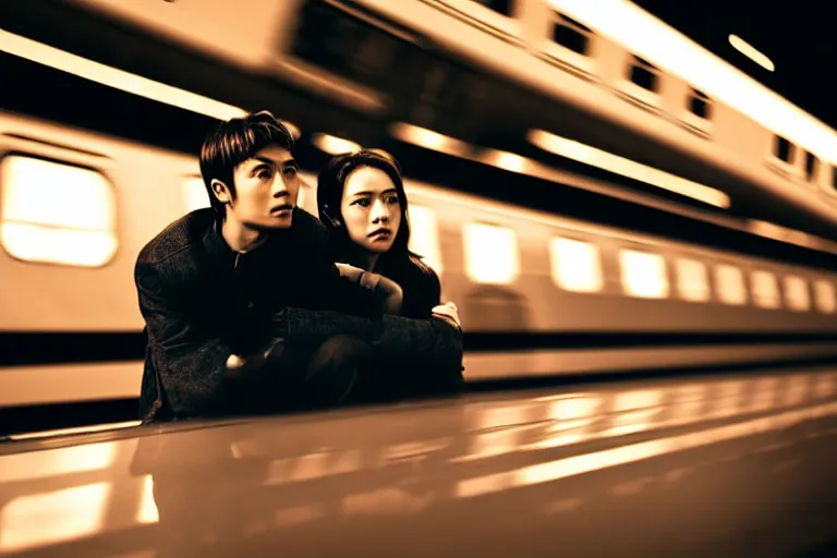 Prompt: vfx movie closeup couple in a train station flat color profile low - key lighting award winning photography cinematography, beautiful natural skin, atmospheric cool color - grade