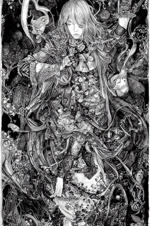 Image similar to Magical Alice in wonderland tarot card , pen and ink, intricate line drawings, by Yoshitaka Amano, Ruan Jia, Kentaro Miura, Artgerm, watercolor