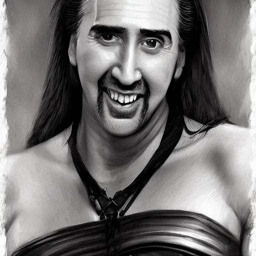 Prompt: Portrait of nicholas cage wearing a corset, confident, wide smile, full body, classic look, detailed features, artgerm, artstation, deviantart