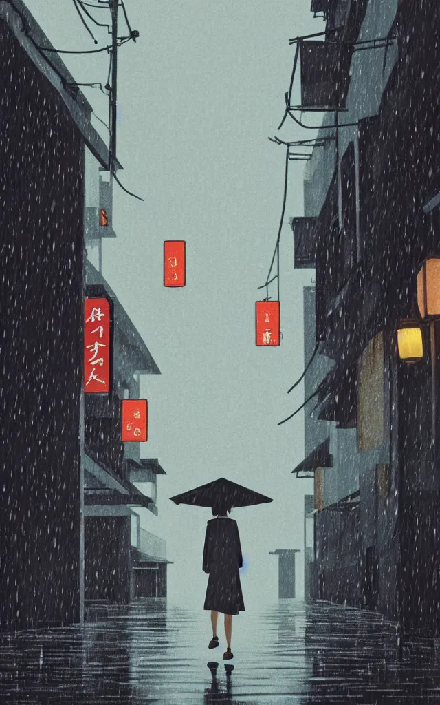 Prompt: a woman wearing a white dress walking on the wet street on a rainy night in kyoto by wes anderson and makoto shinkai. dramatic lighting. cel shading.
