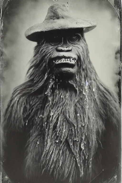 Image similar to a wet plate photograph of a Bigfoot trying on a hat