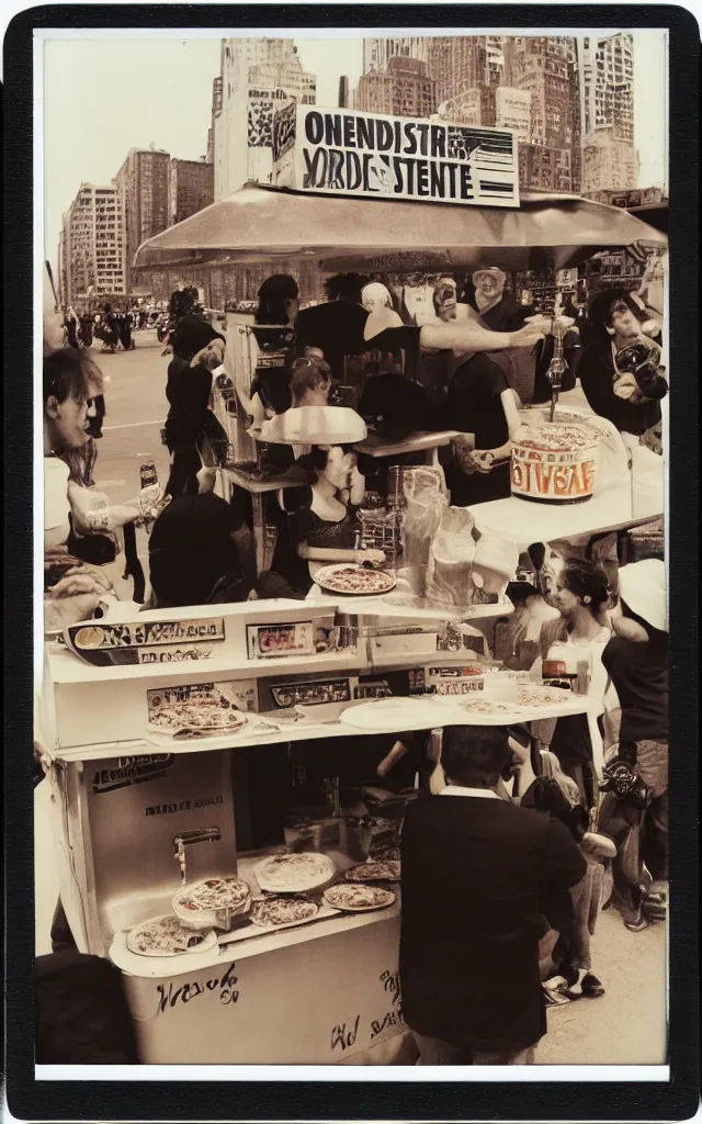 Image similar to one street food cart festival pizza new york, polaroid, maurizio galimberti