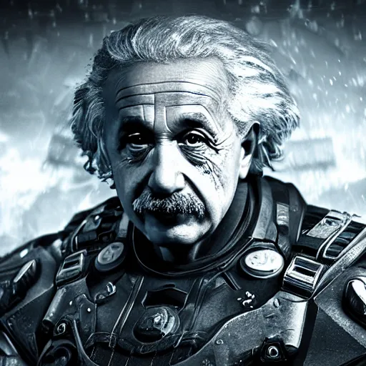 Image similar to 'Albert Einstein'! as Batman in Gears of War, splash art, movie still, detailed face, cinematic lighting, dramatic, octane render, long lens, shallow depth of field, bokeh, anamorphic lens flare, 8k, hyper detailed, 35mm film grain