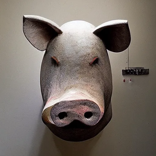 Prompt: “ large pig sculpture in an artist ’ s studio, mixed materials ”