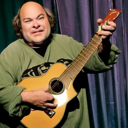 Prompt: roseanne barr in tenacious d, concert photo, guitar, microphone, kyle gass