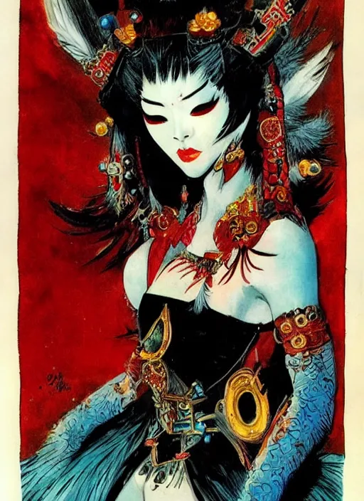 Image similar to female korean vampiress, jeweled headdress, heavy mascara, strong line, saturated color, beautiful! coherent! by frank frazetta, high contrast, minimalism