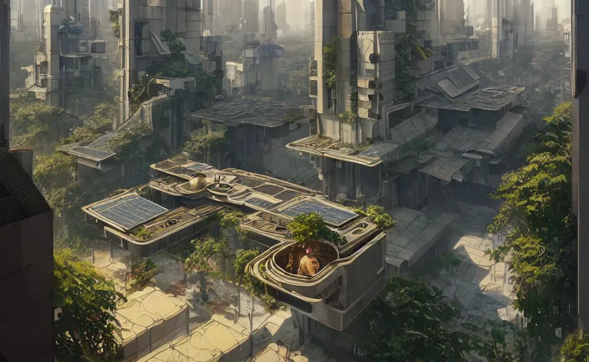 Image similar to solarpunk city with manicured landscaping and walkable pathways, rooftop solar panels, sustainable suburb, highly detailed, digital painting, artstation, concept art, smooth, sharp focus, illustration, art by wlop, mars ravelo and greg rutkowski and frank lloyd wright