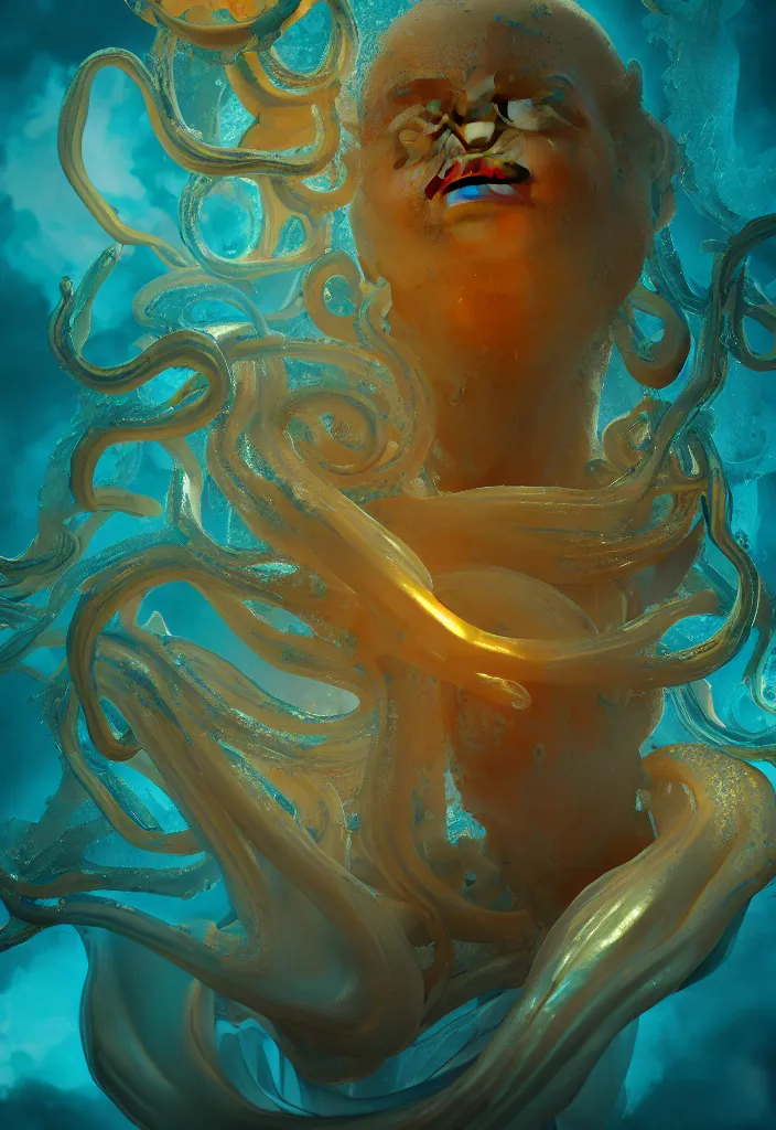 Image similar to subsurface scattering, poseidon made of soft wax, cgsociety, translucent, organic squid and ceramic art nouveau swirls, golden orbs, colored smoke, in the style of alberto seveso and ruan jia and beeple and giger, mystical colors, back light, rim light, dramatic lighting, 8 k, stunning scene, raytracing, octane render