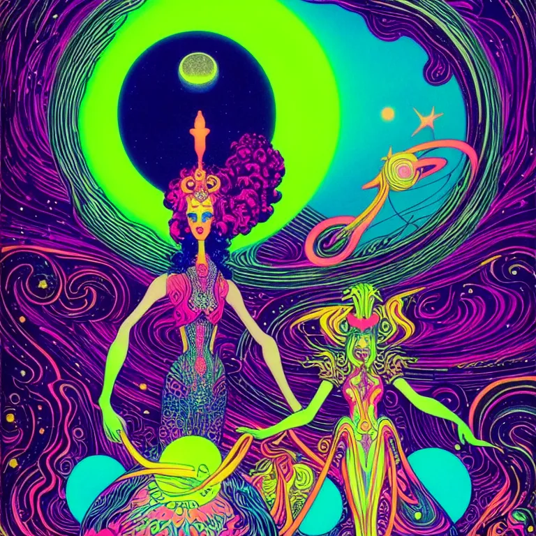 Image similar to cosmic maiden with psychedelic ringed planet, bright neon colors, highly detailed, cinematic, eyvind earle, tim white, philippe druillet, roger dean, lisa frank, aubrey beardsley