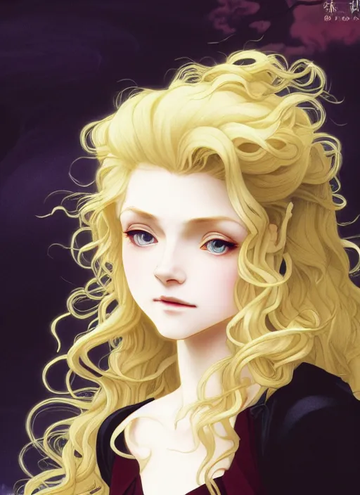 Image similar to young vampire blond girl, goddess of obsidian diamonds and black peonies, with long curly, golden hair, perfectly proportioned face, brown eyes, sweet smile, strong jawline, natural lighting, path traced, god rays, highly detailed, high quality, cartoon, digital painting, by new haicheng studio ghibli and riccardo federici and alphonse mucha