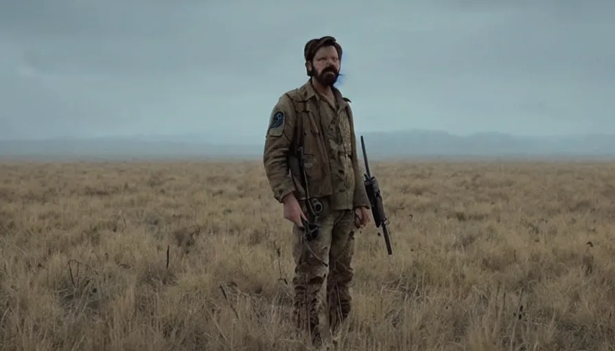 Image similar to lone survivor man holding a radio!! in post - apocalyptic nature landscape. movie screenshot. lush composition by wes anderson, shallow depth of field, cinematic. cinematic composition