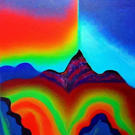 Image similar to the surreal flat painting of an image of a montain dripping rainbow lava artistic by yasemin karabenli