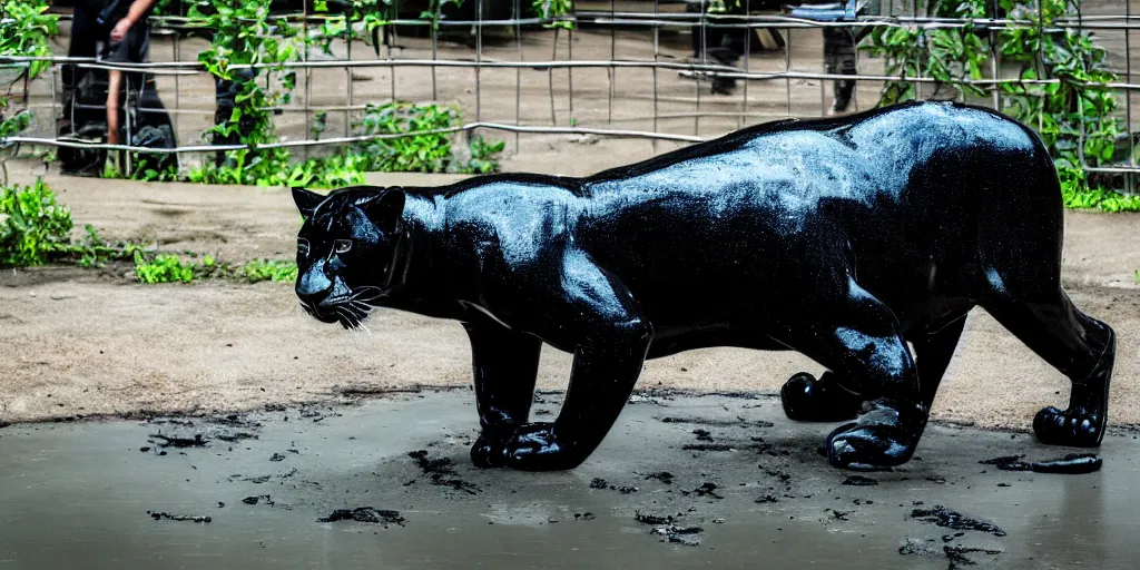 Image similar to the smooth black jaguar, made of smooth black goo, bating in tar in the zoo exhibit, viscous, sticky, full of tar, covered with black goo. photography, dslr, reflections, black goo, zoo, exhibit