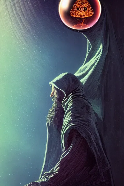 Image similar to wizard in a hooded cloak gazing into a crystal ball, high details, intricately detailed, by vincent di fate, artgerm julie bell beeple, inking, 3 color screen print, masterpiece, trending on artstation, cinematic composition, dramatic pose, volumetric lighting, sharp, details, hyper - detailed, hd, 4 k, 8 k