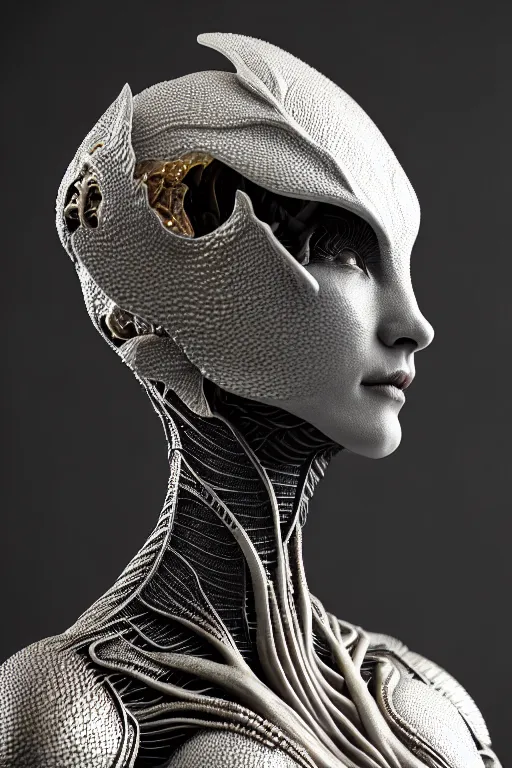 Image similar to bw close - up profile face, black background, beautiful young porcelain vegetal - dragon - cyborg - female, 1 5 0 mm, beautiful natural soft rim light, silver gold details, magnolia leaves and stems, roots, mandelbot fractal, elegant, ultra detailed, white metallic armour, octane render, h. r. giger style