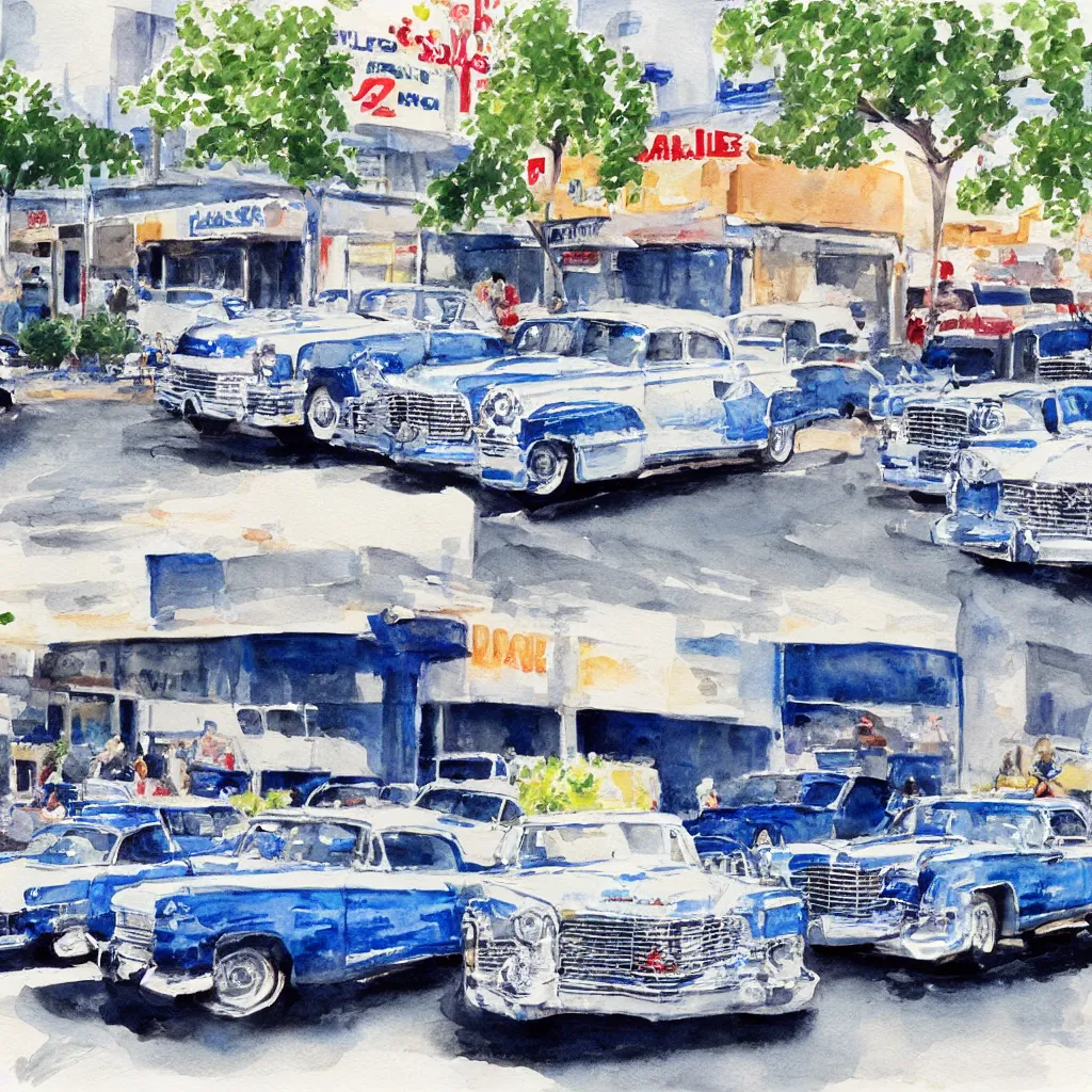 Prompt: 2 cadillacs, 1 blue and 1 white, parked in front of a 7 - 1 1 in downtown los angeles, vintage watercolor painting