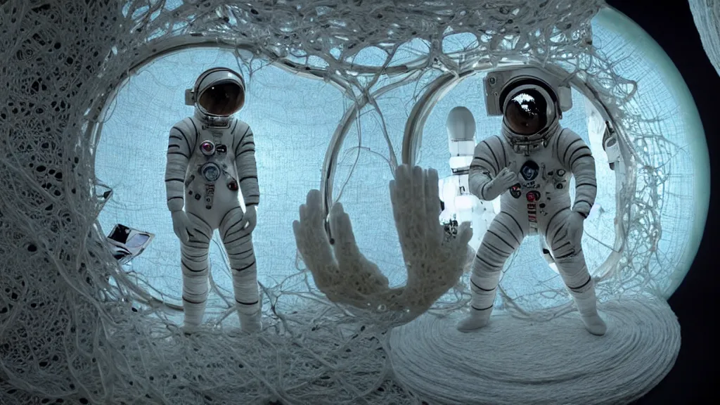 Image similar to a cybernetic symbiosis of a single astronaut eva suit made of wearing knitted yarn thread infected with diamond 3d fractal lace iridescent bubble 3d skin covered with insectoid compound eye camera lenses floats through the living room, film still from the movie directed by Denis Villeneuve with art direction by Salvador Dalí, wide lens,