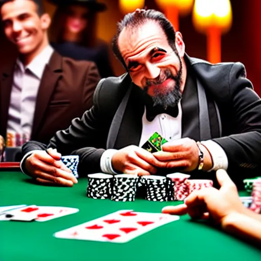 Prompt: a gorilla mobster playing poker at a casino table with other gorilla mobsters