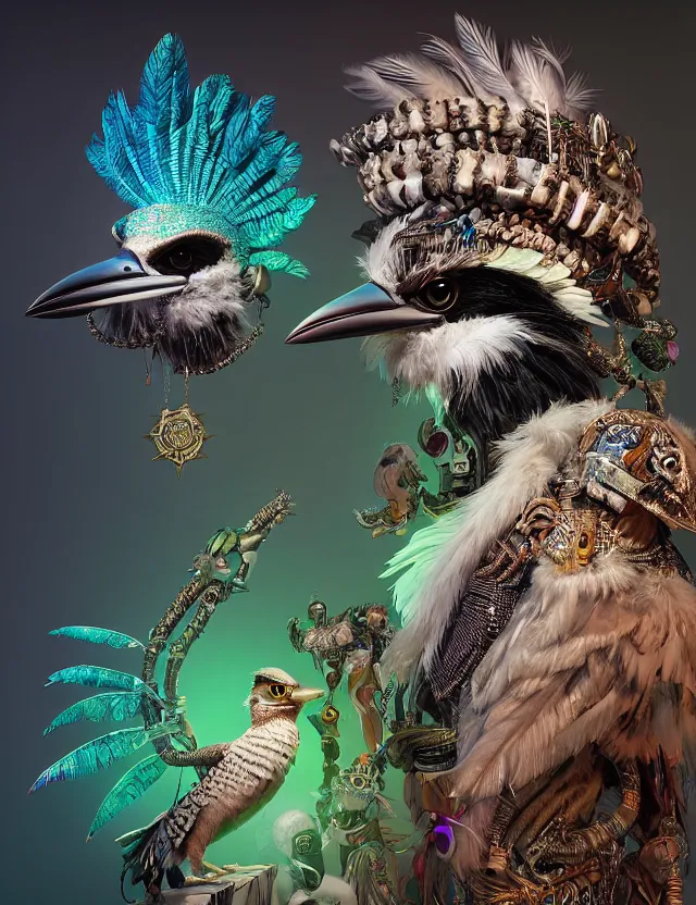 Prompt: 3 d goddess wide angle portrait with feathers, fur, and bones. beautiful intricately detailed kookaburra mask and retrowave sorceress outfit. lizard scales, reflective chitin, optical mineralogy, songlines, plasma, creature, artwork by tooth wu and android jones wlop and android jones and beeple and greg rutkowski