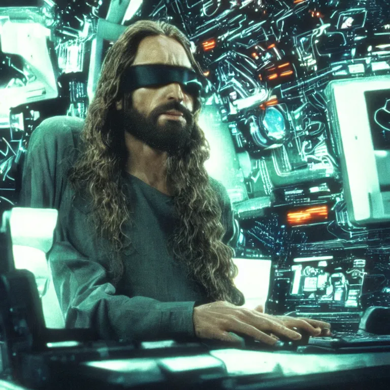 Prompt: detailed photo of jesus christ hacking into futuristic cyberspace in a still from the cyberpunk movie the lawnmower man