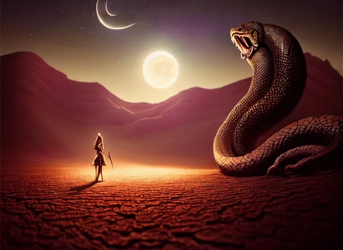 Image similar to giant snake on a moonlit desert, fantasy, d & d, art by artgerm and greg rutkowski, cinematic shot, intricate, ornate, photorealistic, ultra detailed, trending artstaition, realistic, 1 0 0 mm, photography, octane, high definition, depth of field, bokeh, 8 k