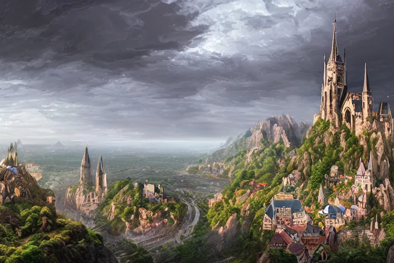 Image similar to an ultra detailed matte landscape painting of an german gothic capital city built into the side of a mountain with many tall spirally towers, sweeping vista, tiny coastal fishing village very far away, ultrawide lens, aerial photography, 8 k, volumetric lighting, smooth, highly detailed, digital illustration, art by greg rutkowski and akira toriyama and artgerm