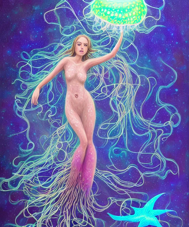 Image similar to portrait of a levitating floating in space goddess mermaid with (reaction diffusion) scaled fish skin Bioluminescent phoenix jellyfish, phoenix fire, chimera, energy rays, Her breath shot a haze of steam out into the frosty morning air concept, soft light, soft mood, realistic body features and face, illustration,intricate ornament halo, painting oil on canvas by Elena Zhurikhina and Goro Fujita and Charlie Bowater, octane render trending on artstation, 4k, 8k, HD
