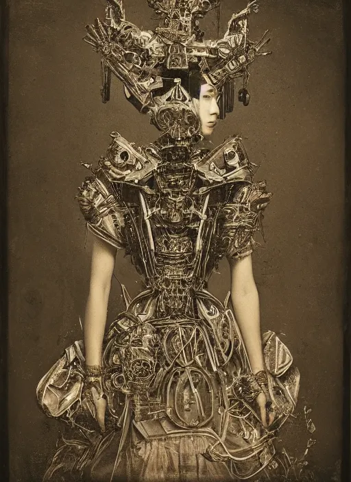 Prompt: old wetplate daguerreotype frame portrait of a futuristic silver armored geisha district 9 cyborg, parallax, fractal, intricate, elegant, highly detailed, subsurface scattering, by jheronimus bosch and greg rutkowski and louis jacques mande daguerre