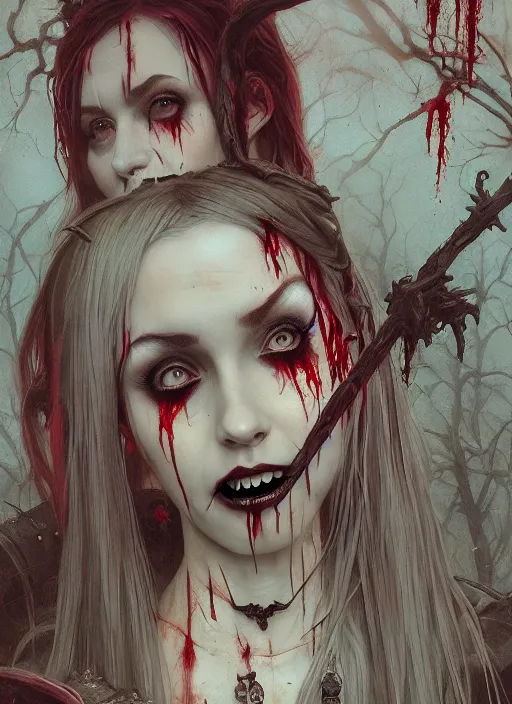 Image similar to beautiful, very very very extreme closeup portrait, bloody, vampire girl, extreme blood, vampire fangs, medieval dress. witch, makeup. unreal engine, greg rutkowski, loish, rhads, beeple, tom bagshaw, alphonse mucha, global illumination, detailed and intricate environment