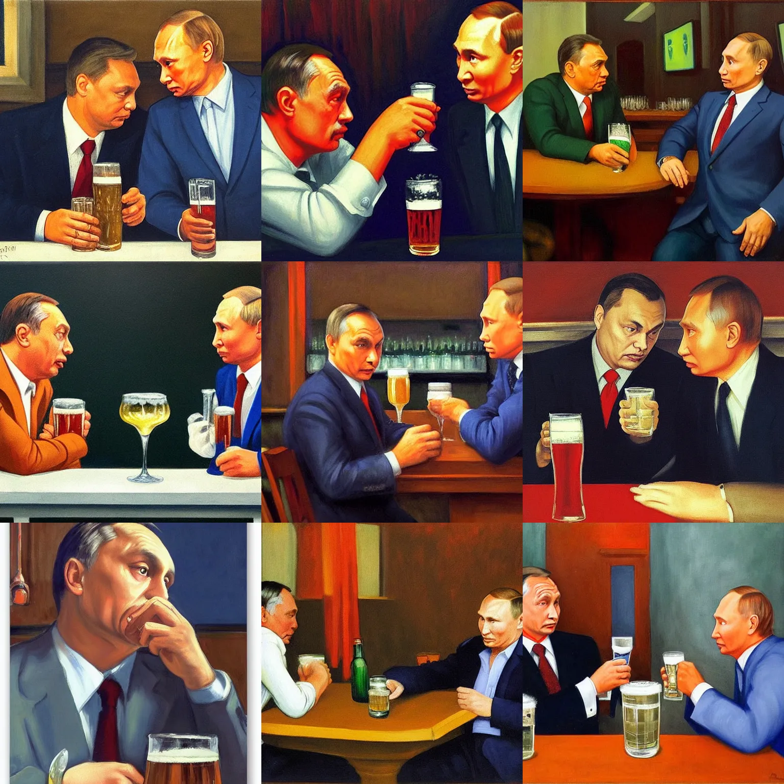 Prompt: viktor orban with highly detailed face and putin drinking beers and vodka in a pub, by edward hopper