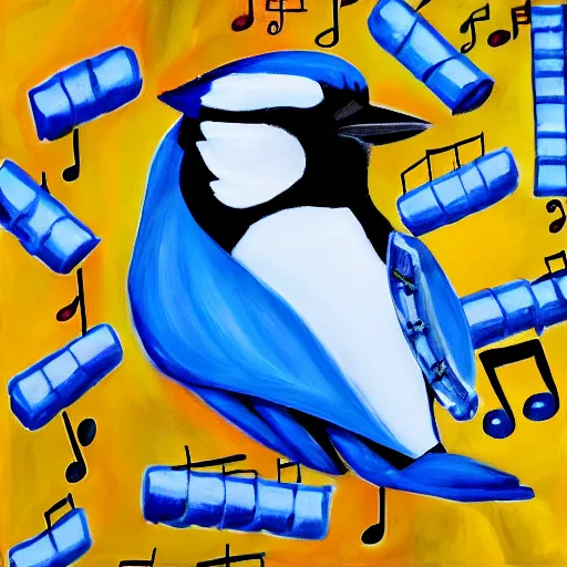 Image similar to painting of a bluejay surrounded by music notes