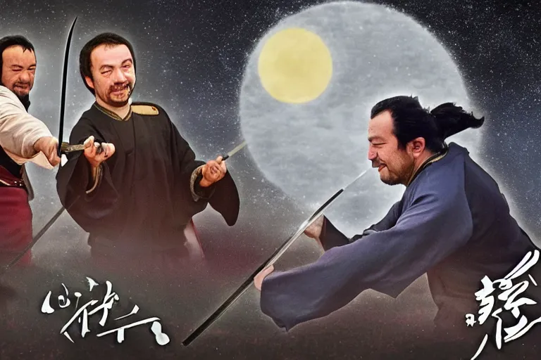 Image similar to solitary moonlight samurai duel featuring enrico letta vs matteo salvini, moonlight lake, starry sky and dark cherry blossoms falling