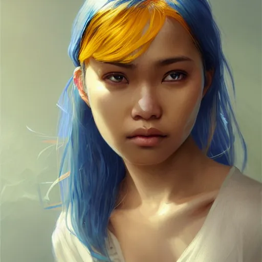 Prompt: filipino girl with blue - yellow hair and a nose band aid, metal bandaid in the nose, highly detailed, digital painting, artstation, concept art, smooth, sharp focus, illustration, art by artgerm and greg rutkowski and alphonse mucha