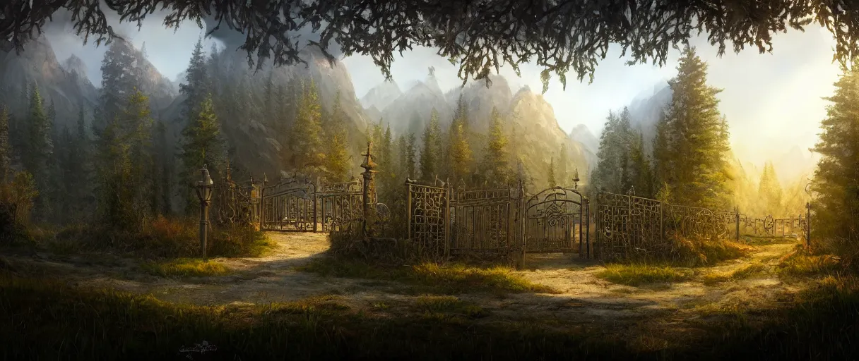 Prompt: digital painting of a small metal castle town closed off by large crude steel gate, metal border, behind a forest, large mountains in back, concept art, low angle, high detail, warm lighting, volumetric, godrays, vivid, beautiful, trending on artstation, by Jordan grimmer, no focus, huge scene, grass, no bricks
