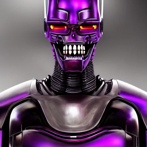 Image similar to portrait of a menacing evil villain robot, glowing dark red eyes, metal teeth, purple tubes, striking, Terminator, Ultron, sci-fi, facial features, skull shape, C-3PO