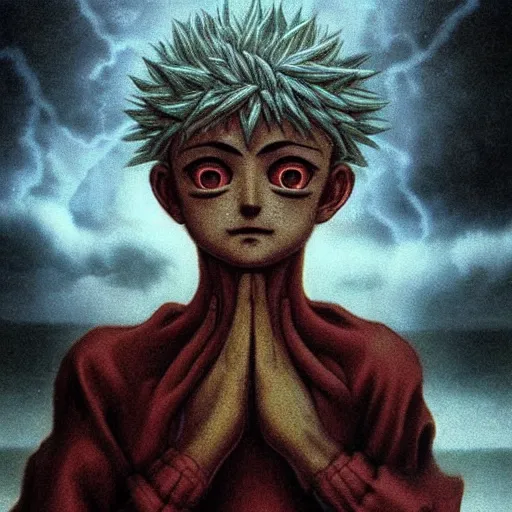 Prompt: killua zoldyck!! made by zdzisław beksinski!, thunderstorm, 8 k, detailed, ( cinematic ), rain, ( ( crying ) ), black