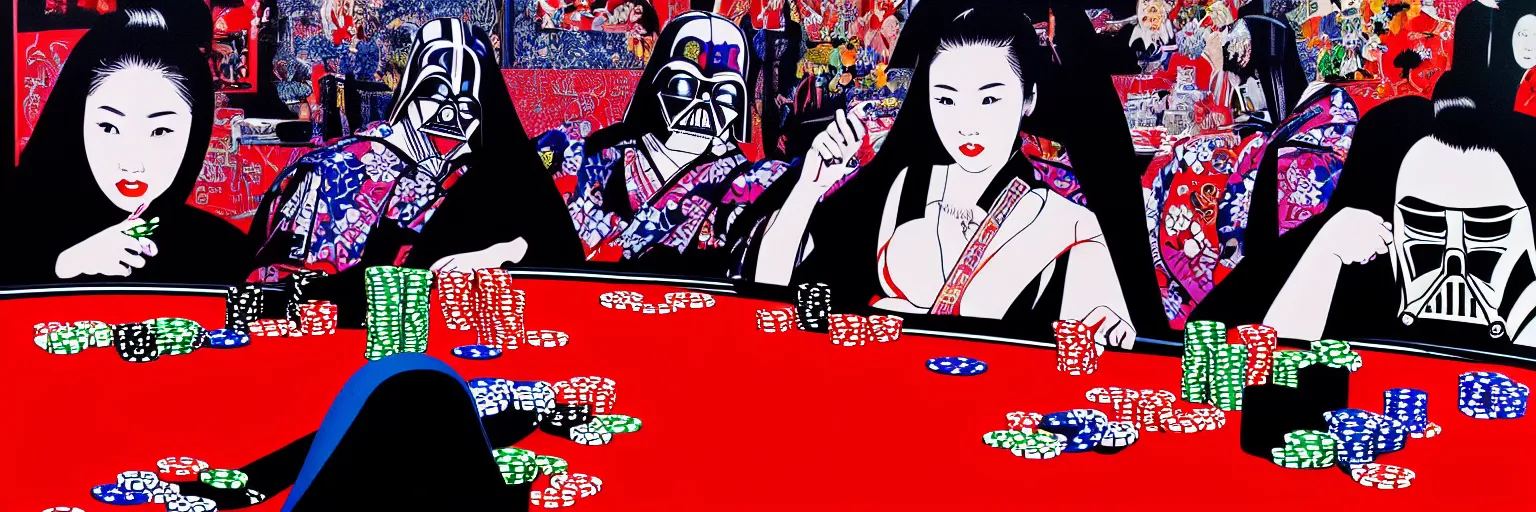 Image similar to hyperrealism composition of the detailed woman in a japanese kimono sitting at an extremely detailed poker table with darth vader, terminator, fireworks on the background, pop - art style, jacky tsai style, andy warhol style, acrylic on canvas