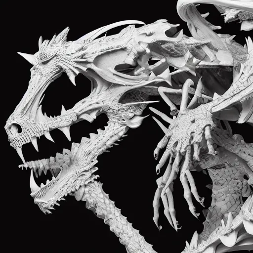 Image similar to white dragon skeleton, studio photography, 4 k, black background