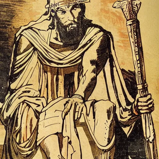 Image similar to ancient historically accurate depiction of the Bible Character Jesus, the Philistine warrior giant by frank miller