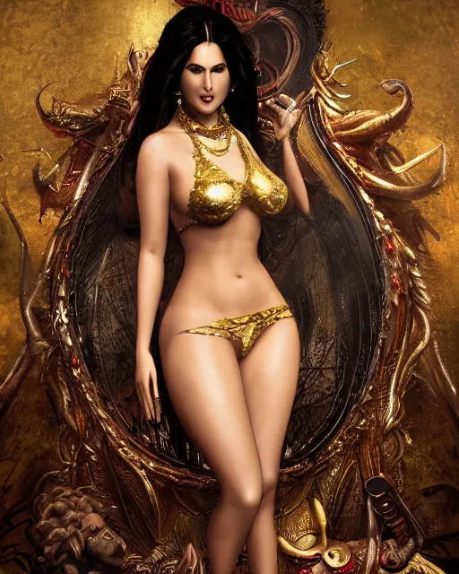 Image similar to concept art, Sunny Leone wearing a see through chain main bikini , laying on the bed spreading her legs wide open, as a demon woman, beautiful, frank frazetta, ornate, art nouveau, symmetrical, gold jewelry, high contrast, unbiased render, Emil melmoth, eerie, haunting, victorian, 8k, octane render, style of Gustav Klimt, head and shoulders