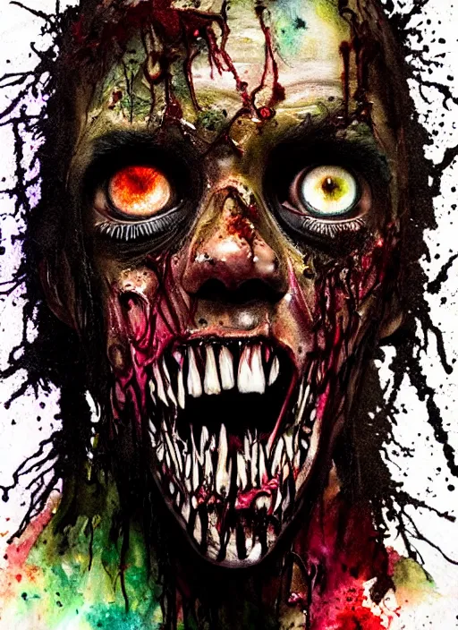 Prompt: black zombie hollywood artwork professional acting headshot, hyperrealism, intricate detail, studio lighting, charming expression gesicht, hauntingly beautiful zombie, watercolor art, epic, legendary, drawn and painted, colored layers, dulled contrast, exquisite fine art, splatterpaint