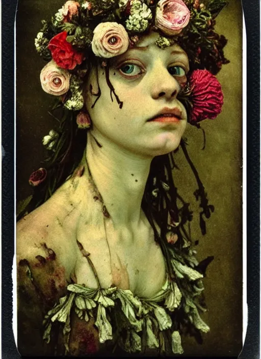 Image similar to beautiful and detailed rotten woman made of plants and many types of stylized flowers like carnation, chrysanthemum, roses and tulips, rococo ornamentation, intricate, surreal, john constable, guy denning, gustave courbet, caravaggio, romero ressendi 1 9 1 0 polaroid photo