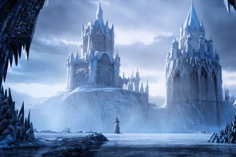 Image similar to a very detailed concept art of game of thrones gates to frozen fantasy world, trending on artstation, digital art, 4 k, hyper realistic, octane render, sharp focus