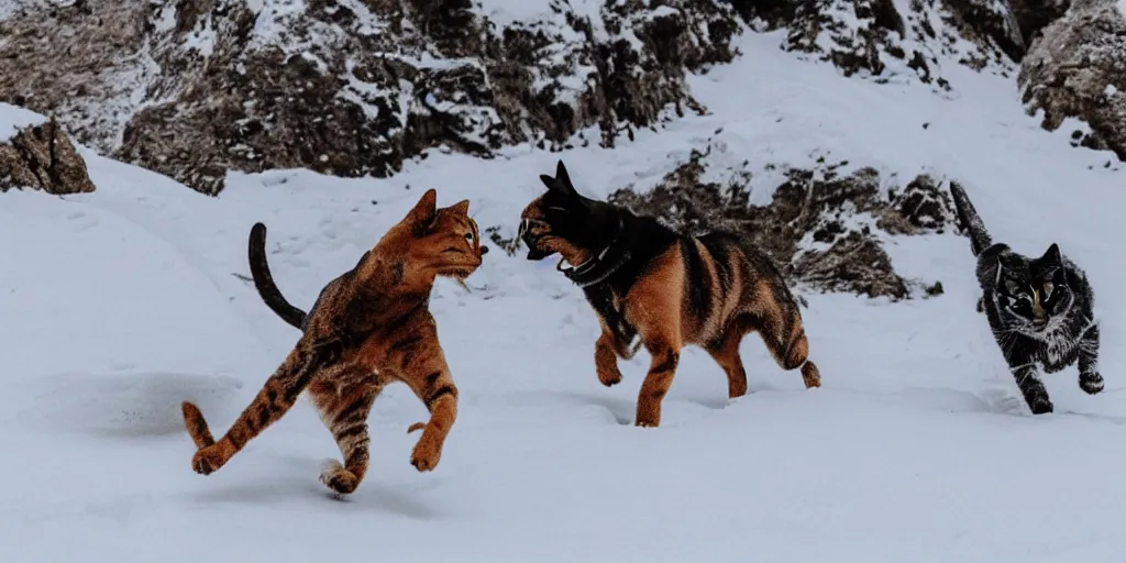 Prompt: a dog is chasing a cat in the top of a snow mountain