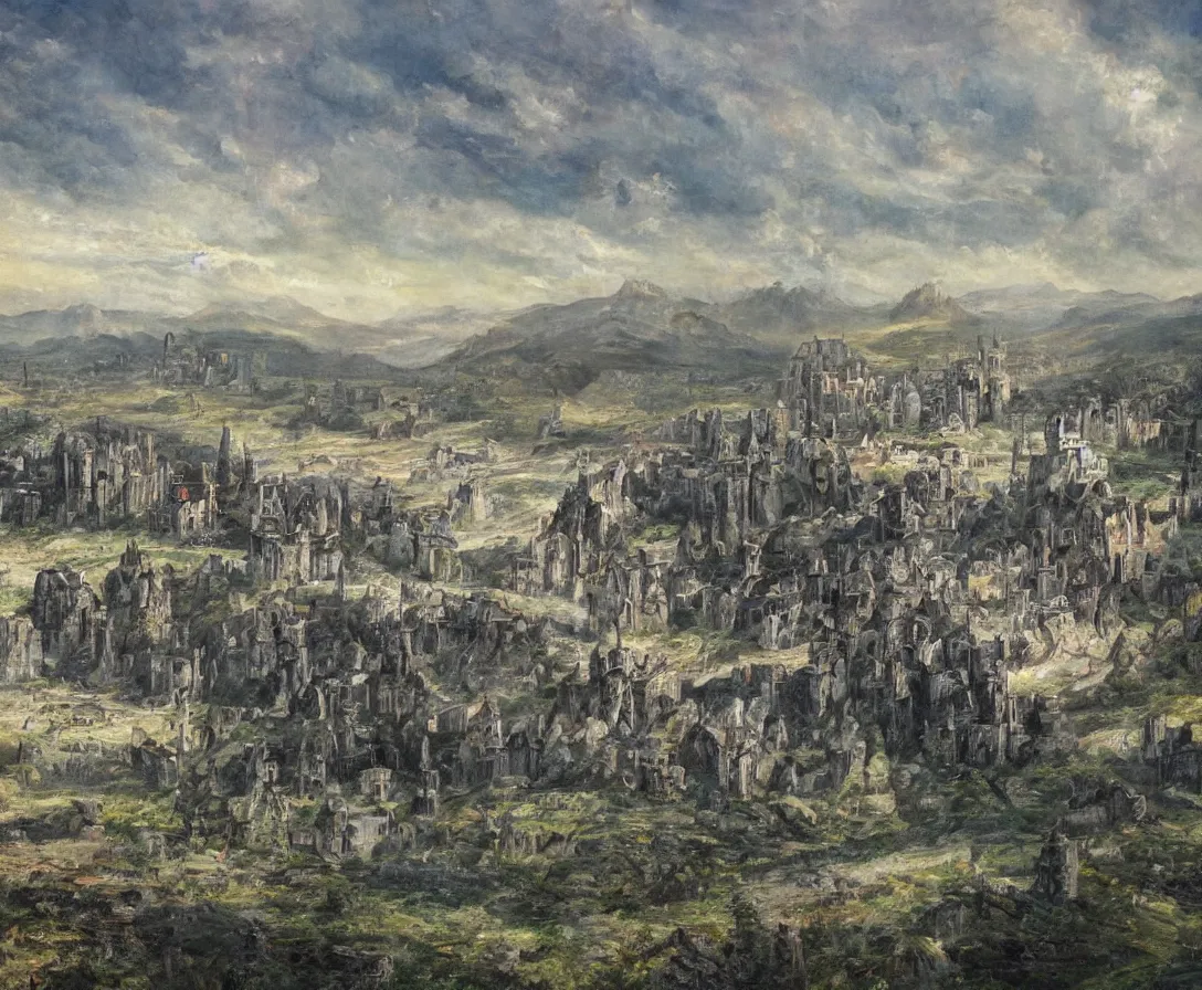 Image similar to A vast empty flat valley surrounded by Transylvanian mountains. A huge metal zeppelin in the sky among colorful clouds. The ruins of a medieval castle on the hillside in the background. No villages or buildings. Late warm evening light in the summer, gloomy weather. High quality, fantasy art by H.R. Giger.