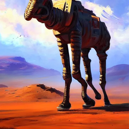 Image similar to a half robot jiraffe walking on mars, trending on artstation, art by greg manchess, guangjian, detailed digital art, artstation hd