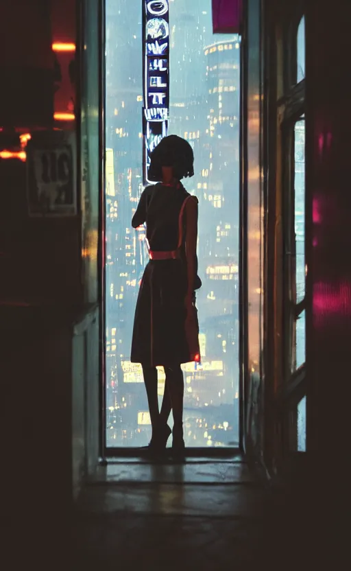 Image similar to vertical movie frame, girl in 5 0's retro restaurant, editorial, fashion, neon - decorated urban on night in the city seen through the window, modern architecture design, vintage, night, blade runner, dark, postapocalyptic, clean lines, asian futuristic city at distance, big windows, octane, wide angle