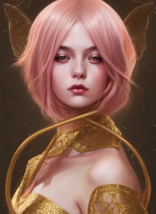 Image similar to dreamlike luxury stunning gothic girl portrait, pale pink and gold kimono, art by artgerm, wlop, loish, ilya kuvshinov, 8 k realistic, hyperdetailed, beautiful lighting, detailed background, depth of field, symmetrical face, frostbite 3 engine, cryengine,