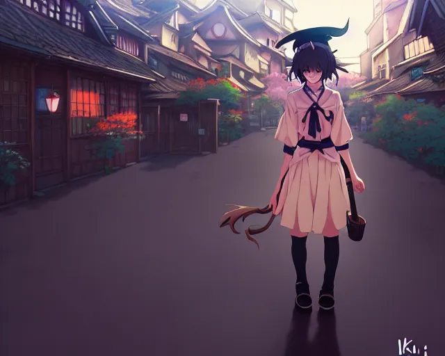 Prompt: key anime visual portrait of a young female witch walking through a busy fantasy village, ilya kuvshinov, dynamic pose, dynamic perspective, cinematic, dramatic lighting, muted colors, detailed silhouette, textured, anime proportions, kyoto animation, haibane renmei, niea _ 7, yoh yoshinari