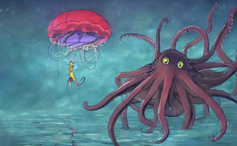 Image similar to a realistic cell - shaded studio ghibli concept art from paprika ( 2 0 0 6 ) of a flying multi - colored octopus from close encounters of the third kind ( 1 9 7 7 ) and dimensional portal to another world above a flooded temple complex on a misty starry night. very dull colors, wide shot, hd, 4 k, hq